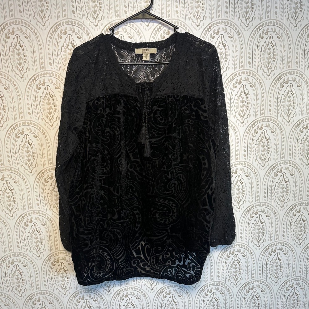 Vintage America Blues Black Lace Velvet Burnout Tassel Tie Blouse Top Plus‎ 1X